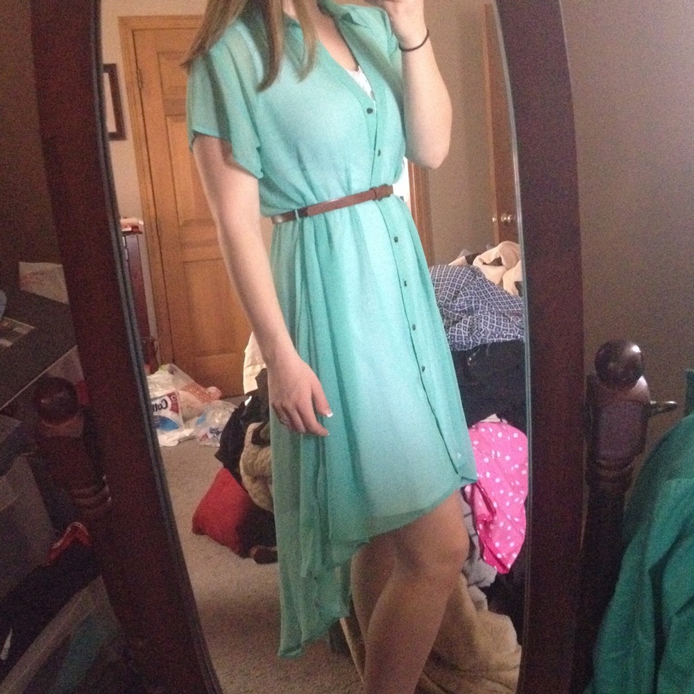 High Low collared sheer teal dress